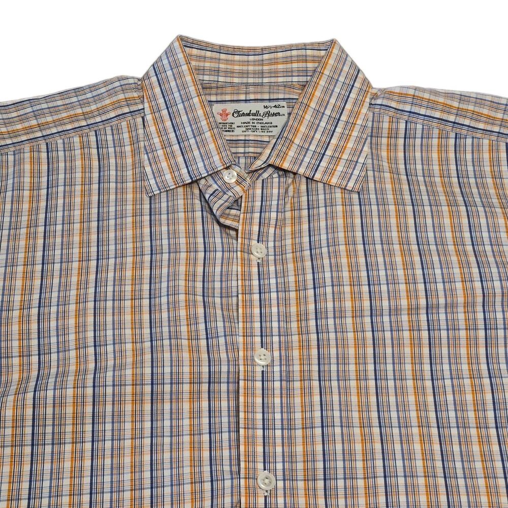 Turnbull & Asser Shirt Men Size 16.5 42 cm Orange Blue White Plaid 100% Cotton